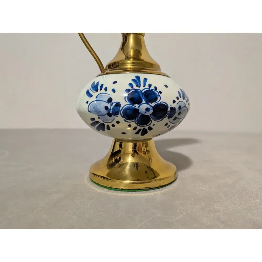 Vintage Blue Floral Delftware Brass Porcelain Pitcher Vase Holland Model # 2285